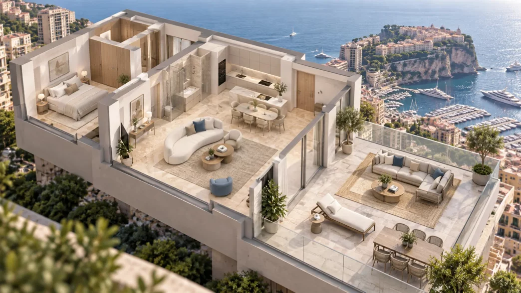 Illustrazione in sezione di un appartamento e della sua terrazza, con spazi interni ed esterni distinti affacciati sul mare.