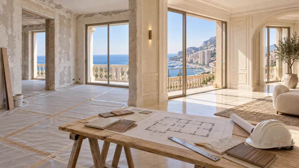 Wohnung während der Renovierung mit Plänen, Materialmustern und Bauhelm neben großen Fenstern mit Meerblick.
