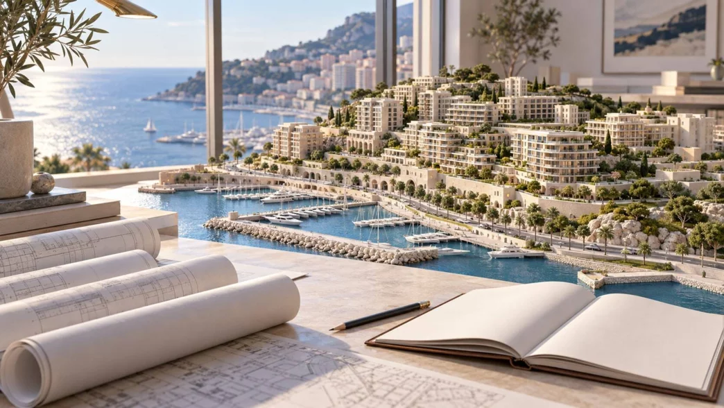 Model of a Mediterranean neighbourhood with buildings, a harbour and plans on a study table, illustrating preparation for an urban planning project.