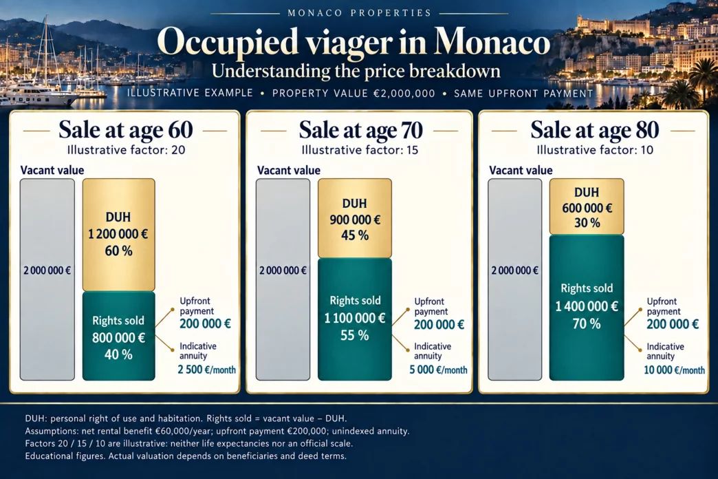 Occupied viager in Monaco: property value, occupancy rights, upfront payment and annuity at ages 60, 70 and 80