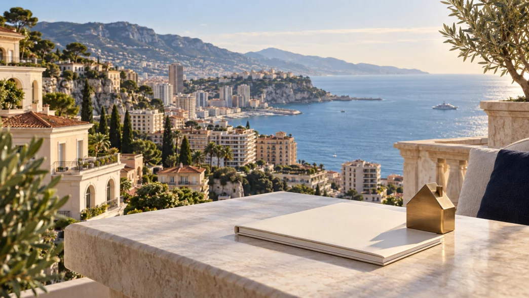 Illustrazione di una terrazza sulla Riviera con una cartella immobiliare e una piccola casa in ottone.